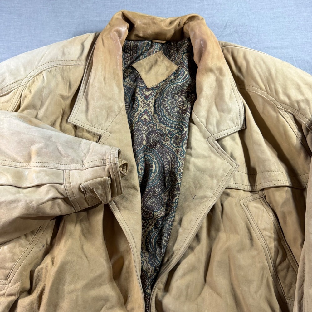 Vintage Leather Bomber Jacket Mens XL Tan Fair Paisley Lining Distressed 90s